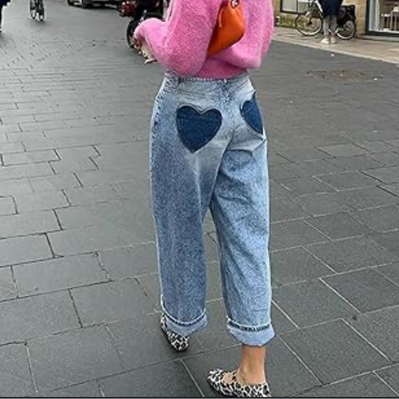 Amazon Women's Blue Boyfriend Jeans with Heart Accents - Picture 1 of 6